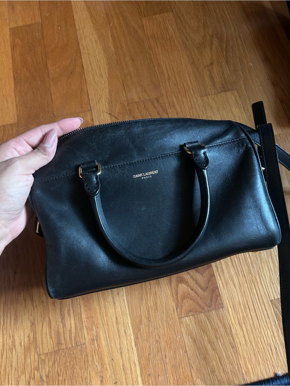 Saint Laurent Black Leather Satchel with Gold Accents